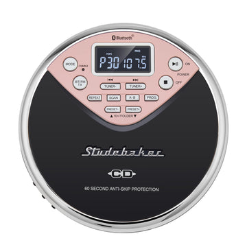 Studebaker SB3706 Personal Bluetooth MP3 CD Player w/Digital FM Radio FM Transmitter and Built-in Rechargeable Battery (Black & Pink)