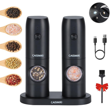 CAISIMIKI Electric Salt and Pepper Grinder Set 2 Pack Rechargeable Pepper Mill Automatic Pepper Shaker One-Handed Operation Adjustable Coarseness with Dual Charging Base LED Light