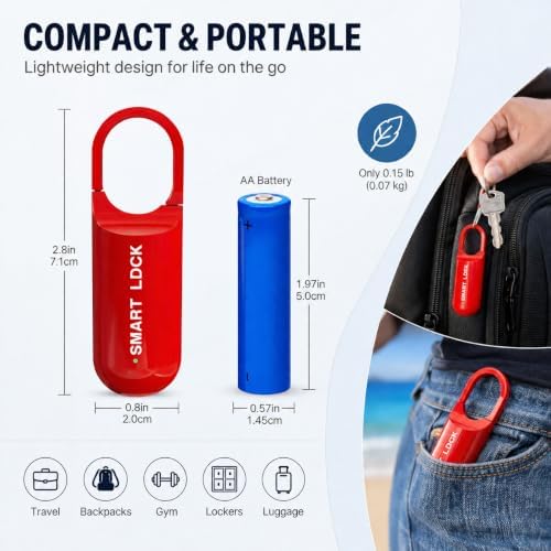 Smart Fingerprint Padlock for Locker, Small Rechargeable Fingerprint Lock, Keyless Biometric Thumbprint Padlock for Gym School Locker, Suitcase, Backpack