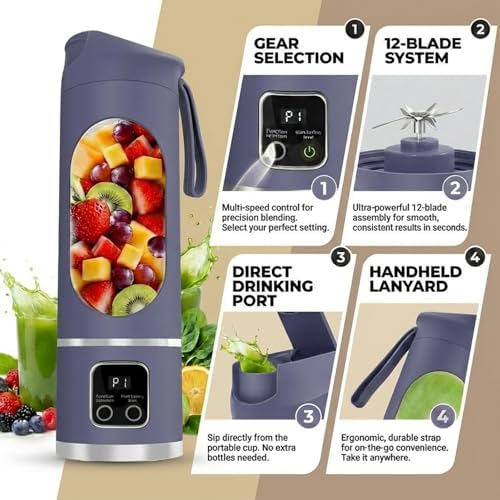 Lilogi 500ML Portable Smoothie‑Maker Cup,12‑Blade USB‑C Rechargeable Juicer with LED Display, Travel‑Sized Drink Mixer for Kitchen,Office,Gym & Outdoor Activities