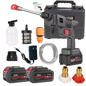 High-pressure Cleaner with Rechargeable Battery, Available in 1-battery or 2-battery Options. Battery-powered, Suitable for Cars, Yards, Driveways, and Gardens. Features a Green Stainless Steel Foam Nozzle. Portable Electric Car Wash Tool